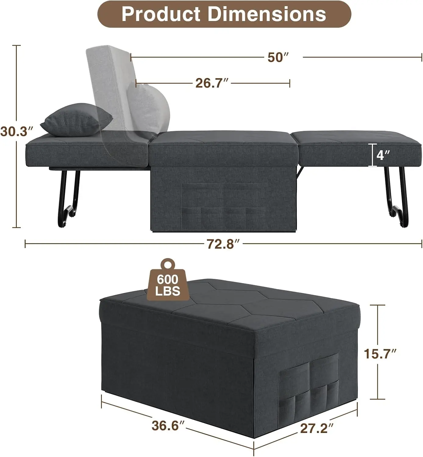 4 in 1 Sleeper Chair, Convertible  Sofa with Hide a Bed Chair, Sleeper Chairs for Adults, Ottoman Bed