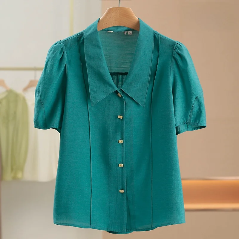 

XKing Casual Pure Color Collared Commute Shirt with Viscose Fiber Summer New Arrival Women's Short Sleeve Straight Cut