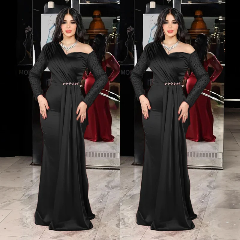 Robe de soirée en dentelle pour femmes, grande taille, couture élégante, plis, Slim, demoiselle d'honneur, traînante, Banquet, asymétrique épaule dénudée, robes longues pour dames