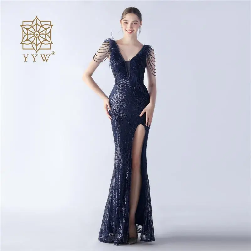 Beading Deep V Women Mermaid Dress Glitter Sleeveless Luxury Long Dress Formal Occasion Ladies Maxi Slim Prom Gowns Gala Vestido