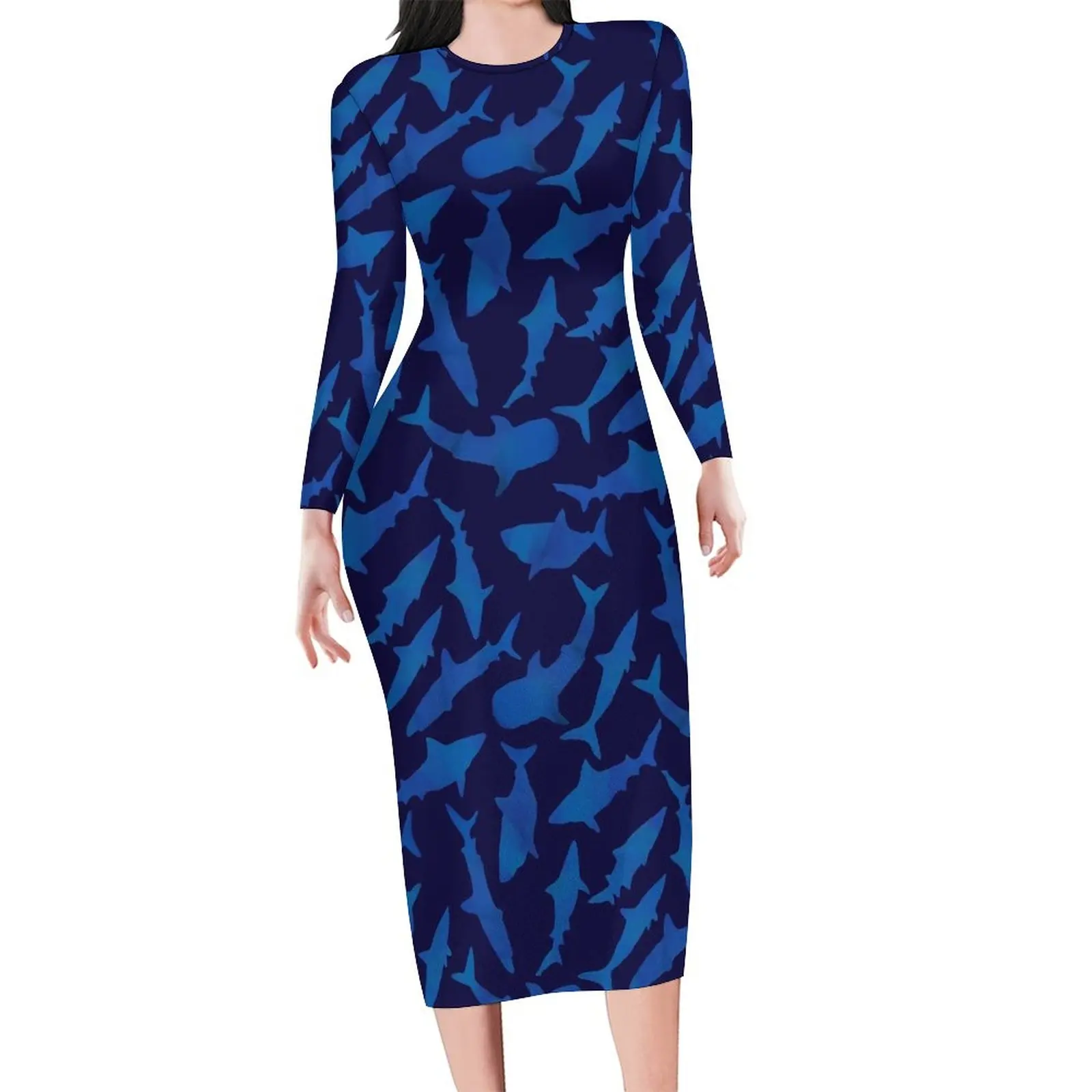 Blue Shark Bodycon Dress Spring Animal Print Elegant Dresses Woman Long Sleeve Printed Aesthetic Dress Big Size 4XL 5XL