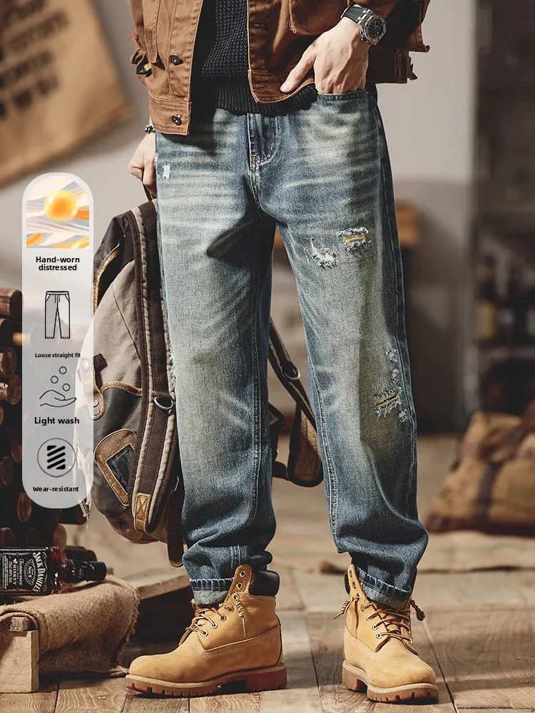 

Retro American Men's Jeans Loose Straight Leg Trousers Faionable Street Sle Worn out Winter Cotton Polyester Blend