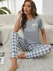 Letter Print Pajama Set short Sleeve Crew Neck Top & Elastic Waistband Pants Women's Sleepwear & Loungewear