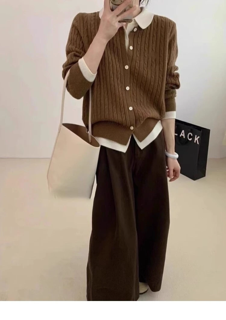 Europe station polo neck long sleeve cashmere sweater fake two-piece stitching design sweater loose casual sweater