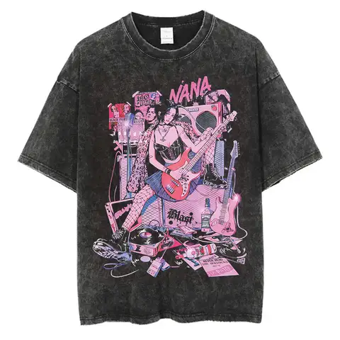 Japanese anime Osaki Nana printed retro washed T-shirt for men 100% cotton summer short-sleeved T-shirt for Harajuku