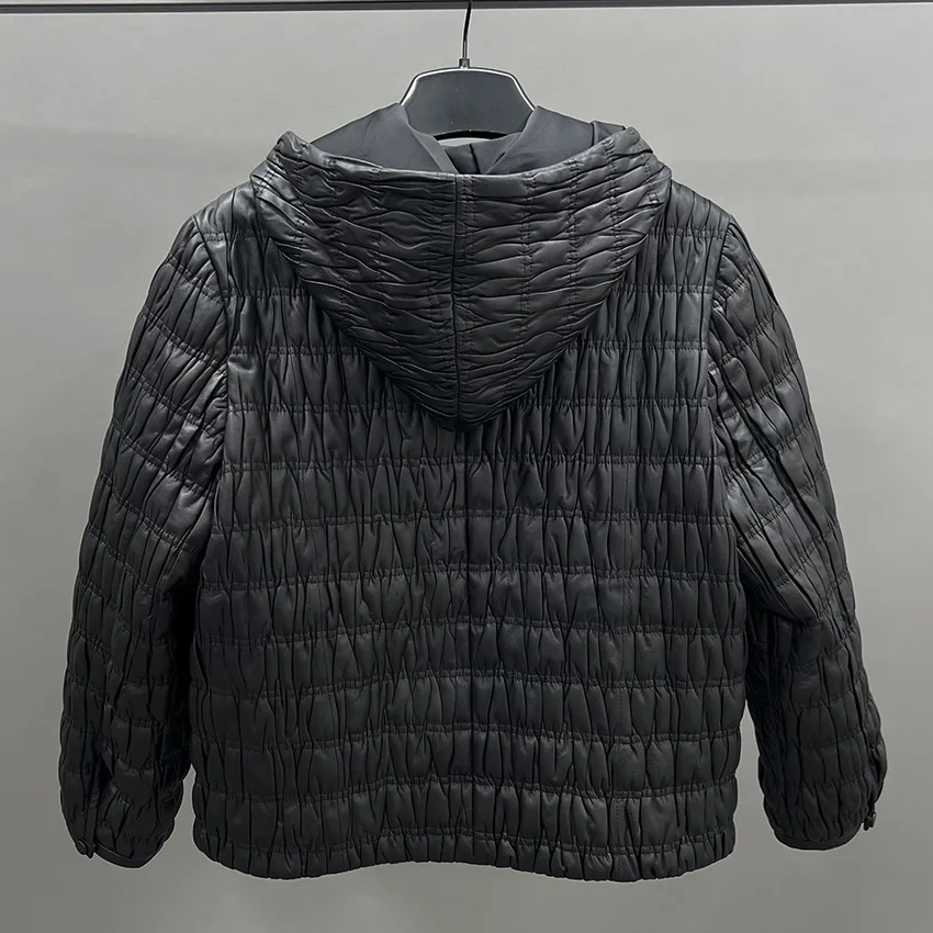 JANEFUR Giacca da donna con cappuccio in vera pelle trapuntata primavera autunno stile corto in pelle di pecora JFB6-25010