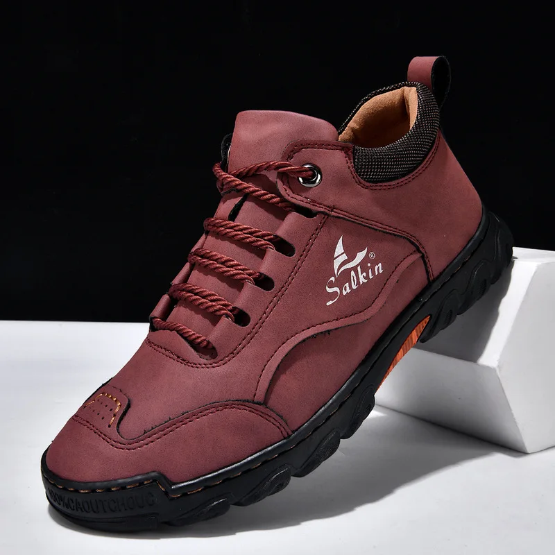 Plus-size men's clothingPUMen's leather boots, fashionable hand-stitched ankle boots, comfortable flat-soled lace-up casual shoe