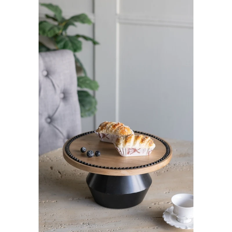 

12x12x6 Round Wooden Pedestal Tray with Black Detailing and Sculptural Stand