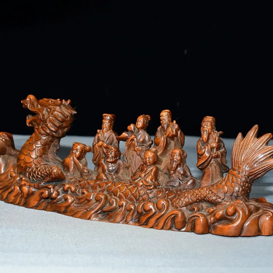Hand Carved Wood Eight Immortals crossing the sea Statue Figurine Home Desktop Ornament Craft Gift