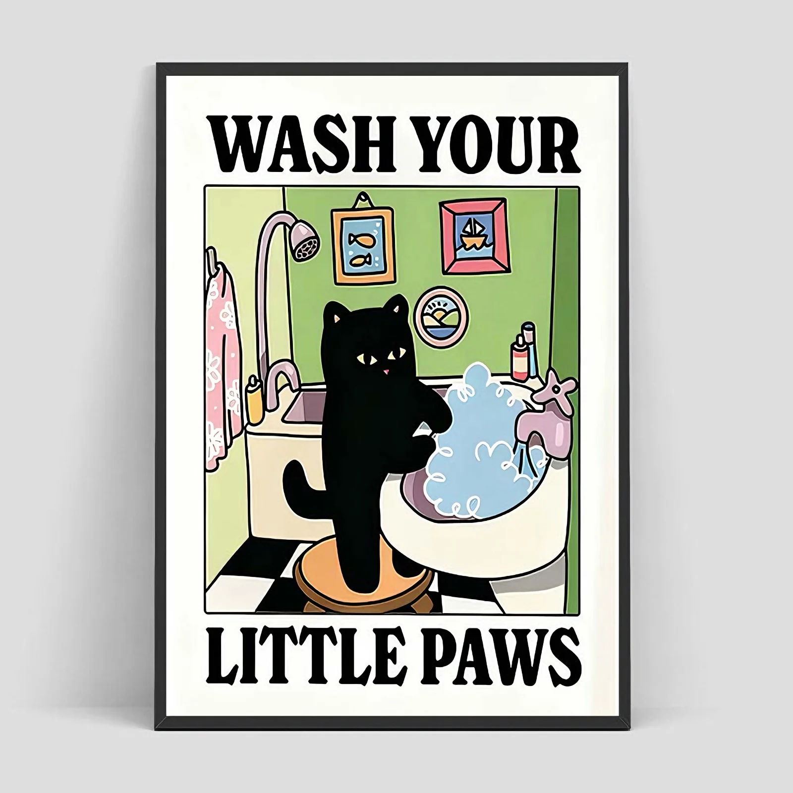

Wash your Paws Green Cat Print Cute Bathroom Poster Wash Room Childrens Washing up Posters Prints Room Decor