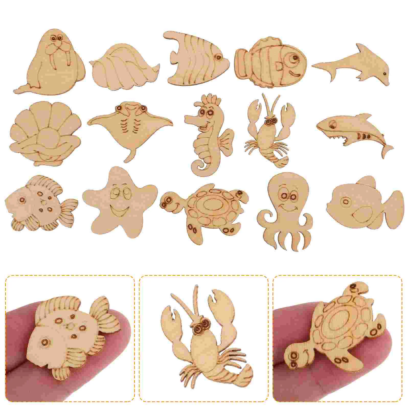 100 Pcs Marine Animal Wood Chips DIY Wooden Craft Cutout Slice Halloween Unfinished Blank