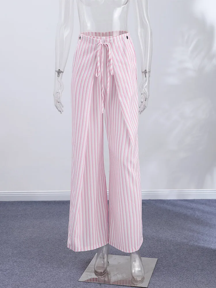 Verstellbare gestreifte Hose für Damen – Streetwear mit hoher Taille, Schnürung, weitem Bein und charmantem Panel-Design – Neu – Detail 2