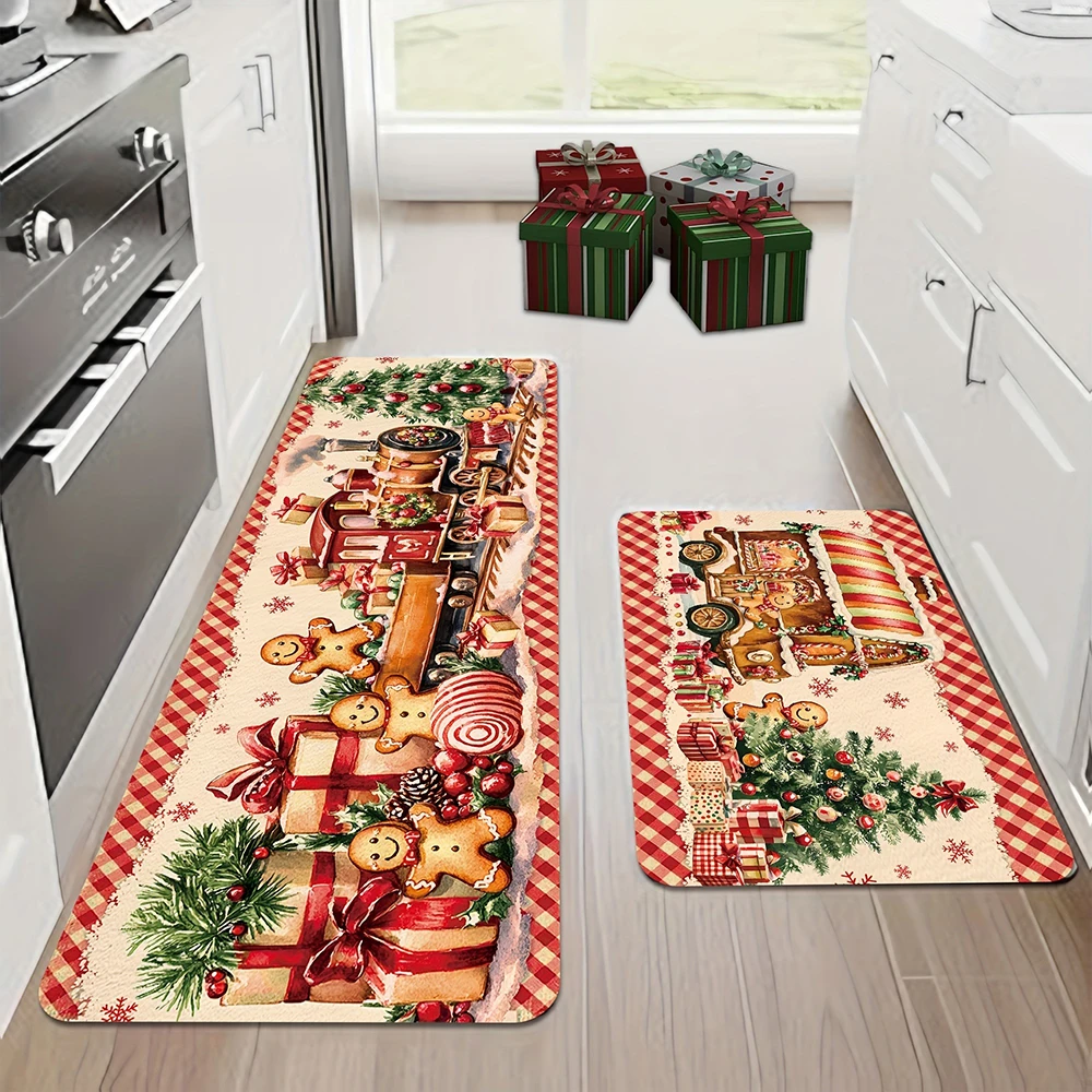 Juego de alfombras de cocina navideñas: ¡tren festivo y delicia de pan de jengibre! Alfombrillas de fieltro decoración del hogar de Navidad y Año Nuevo.