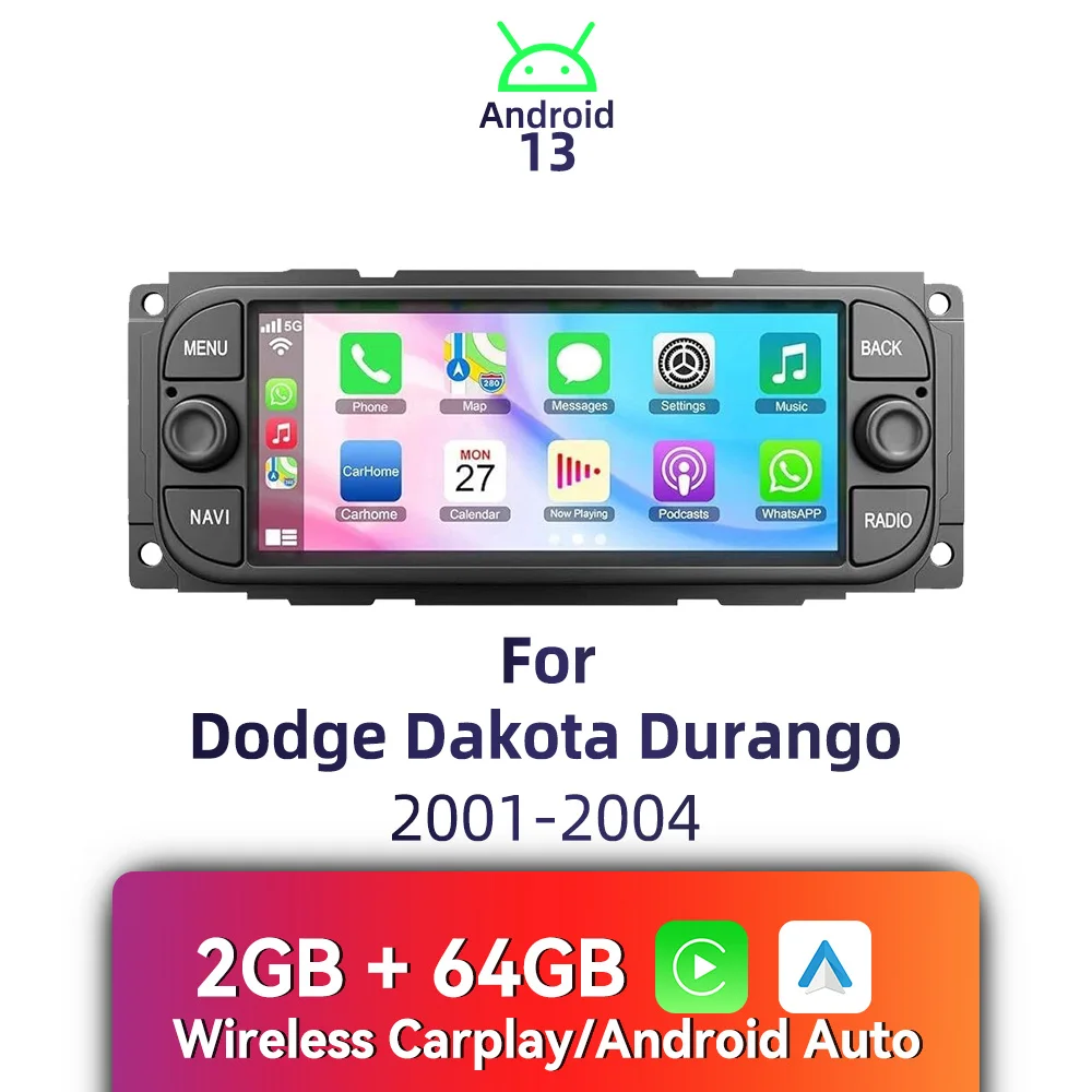 Radio Multimedia Android para Auto con Pantalla de 6.86 Pulgadas para Dodge Dakota Durango 2001-2004, Carplay Inalámbrico, Autoradio 1 Din, Unidad Principal de Radio Estéreo