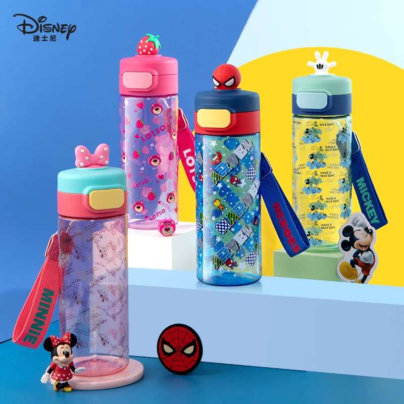 Disney Strawberry Bear Spider Man Plastic Bottle Double Drink Cup Cartoon Mitch Minnie Student Water Bottle Large Capacity