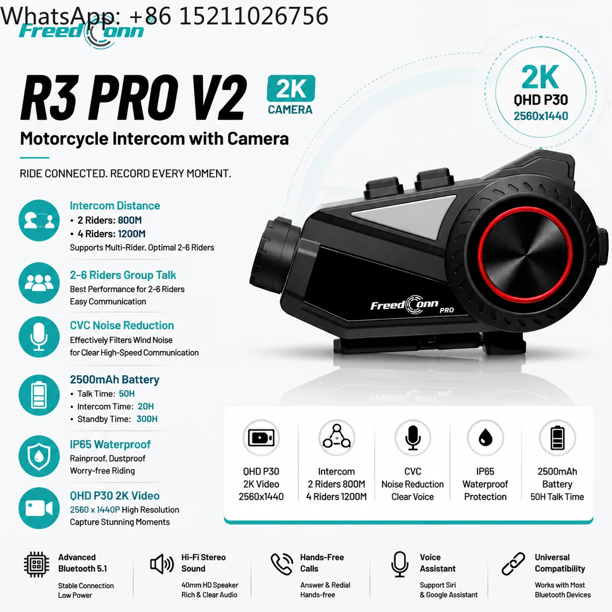 for FreedCon R3 PROV2  5.1 Version, Motorcycle Helmet  Dashcam Headset with FM Function, Music Sharing