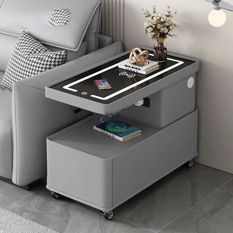 طاولة قهوة جانبية ذكية قابلة للدوران متعددة الوظائف، عجلات قفل متحركة، طاولة بجانب السرير الذكية الفاخرة لغرفة المعيشة المنزلية #6