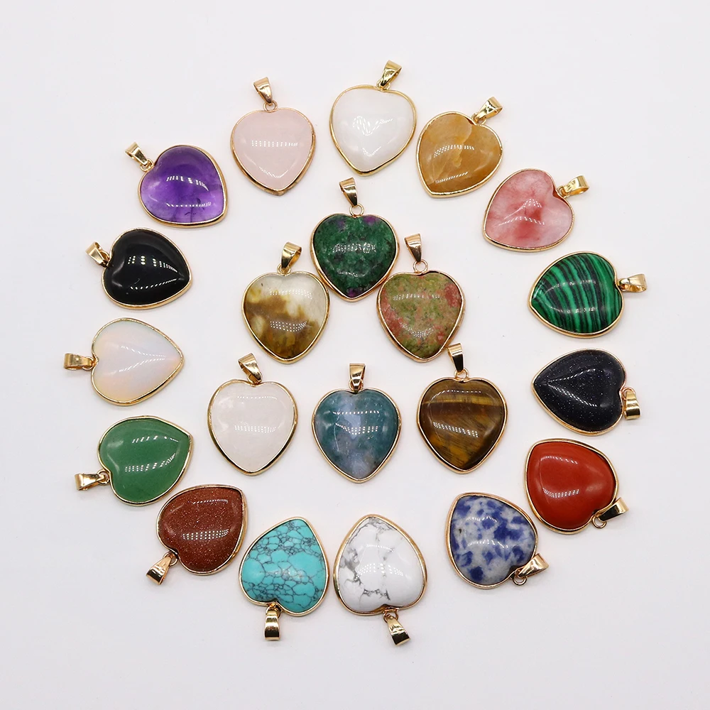 

Natural Stone Necklace Pendant Natural Rose Quartz Amethyst Agate Heart Gold Rim Stone Necklace Pendant DIY Earrings Accessories