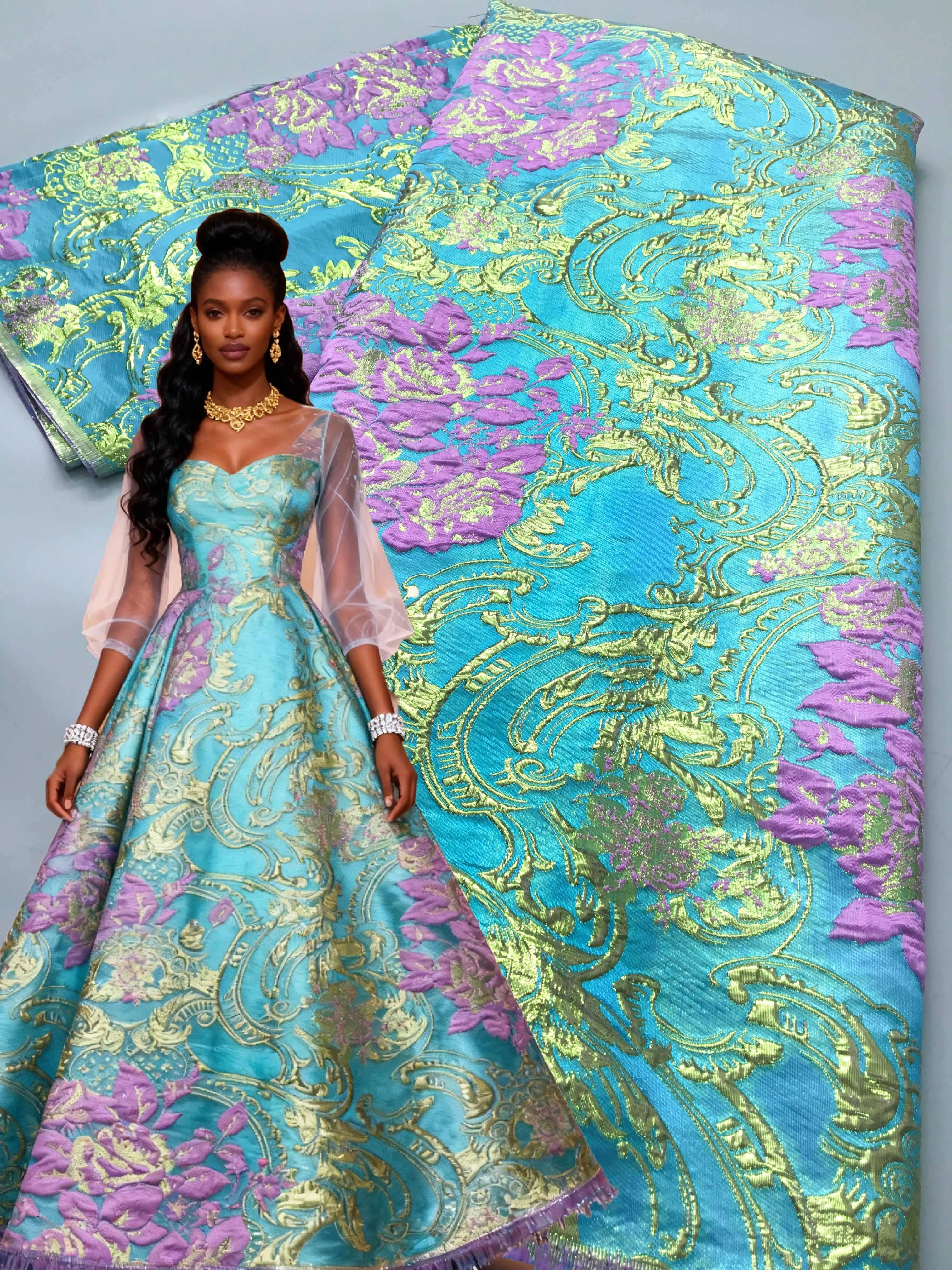 Brocade Lace Fabric African High Quality Nigerian Gild Jacquard Lace Fabric Luxury For Sewing Evening Party Dresses,5YardsTY3995
