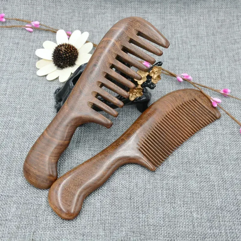 Peigne en bois de santal naturel pour femme, outils de massage des cheveux, parfum de taille, anti-leges, longues dents larges, poignées d'angle, maison, salon