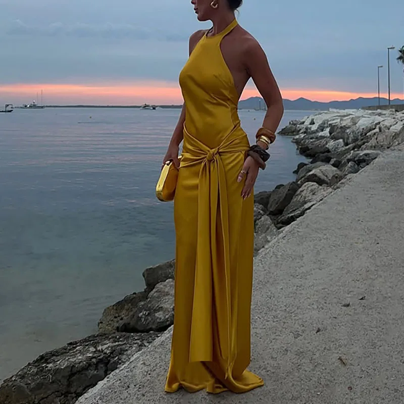 Seksowna sukienka na ramiączkach z odkrytymi plecami, gładka, idealna na wakacje, damska moda, bez rękawów, dopasowana, satynowa sukienka na imprezę, elegancka, sznurowana, z wycięciami, długa sukienka.