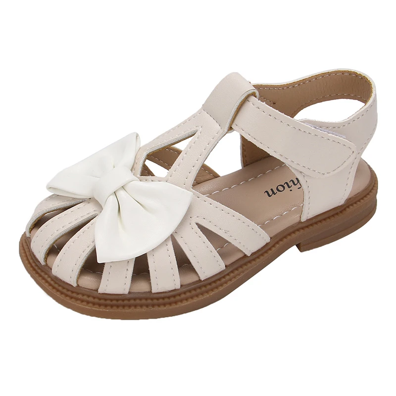 Schattige Meisjes Sandalen Strik Peep-Toe 2024 Nieuwe Zachte Haak & Lus Beige Kinderen Prinses Schoenen Vrijetijdsschoenen Pu Schattige Kinderschoenen Anti-Slip