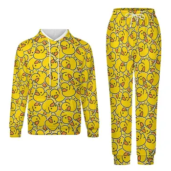 Sonbahar Sarı Ördek 3D Baskılı Hoodie Takım Elbise Erkek Tişörtü Sweatpants Rahat Moda Iki Parçalı Eşofman Takımı erkek Giyim
