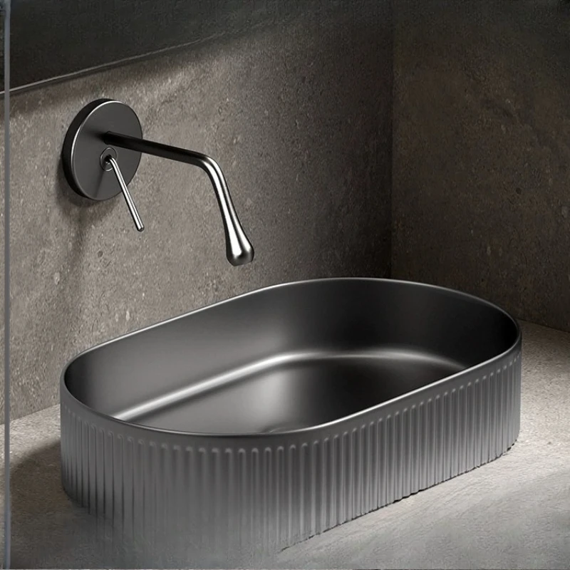 

Gun gray striped oval table basin ceramic hotel art basin bathroom