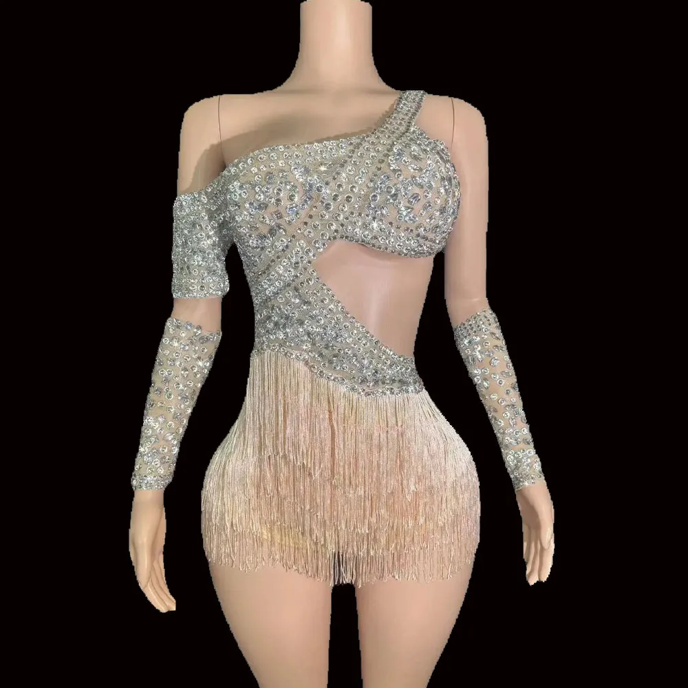 

Sparkly Rhinestones Tassels Bodysuit with Gloves Women Sexy See Through Performance Dance Costume Singer Dancer Stage Wear
