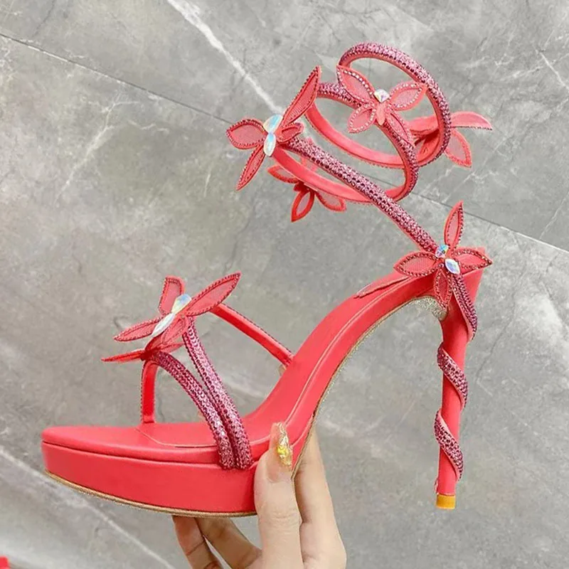 

New Platform High Heels Sandals Women Crystal Butterfly-knot Ankle Strap Wedding Shoes Woman Stiletto Narrow Strap Sandals Woman