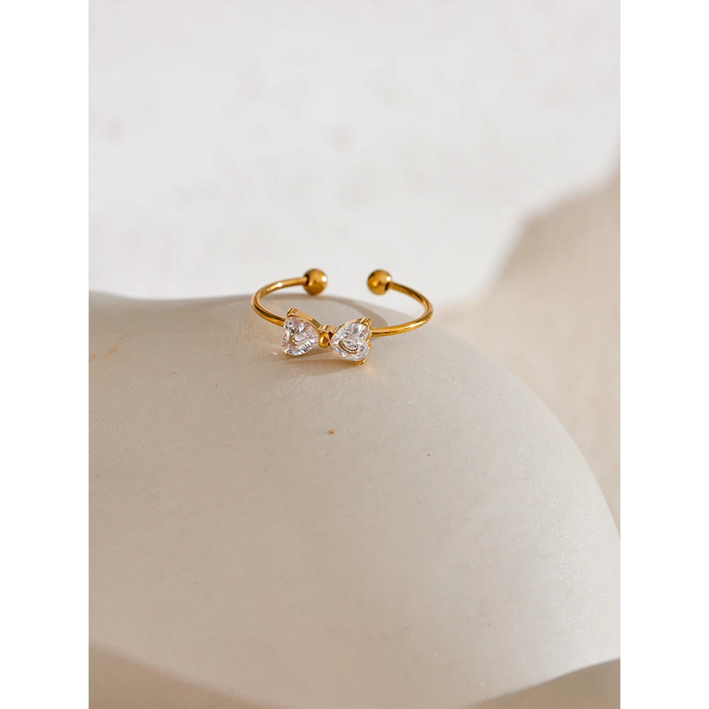 Yhpup Delicate Shiny Cubic Zirconia Bowknot Bow Open Finger Ring Stainless Steel Sweet Daily Trendy Jewelry Accessories