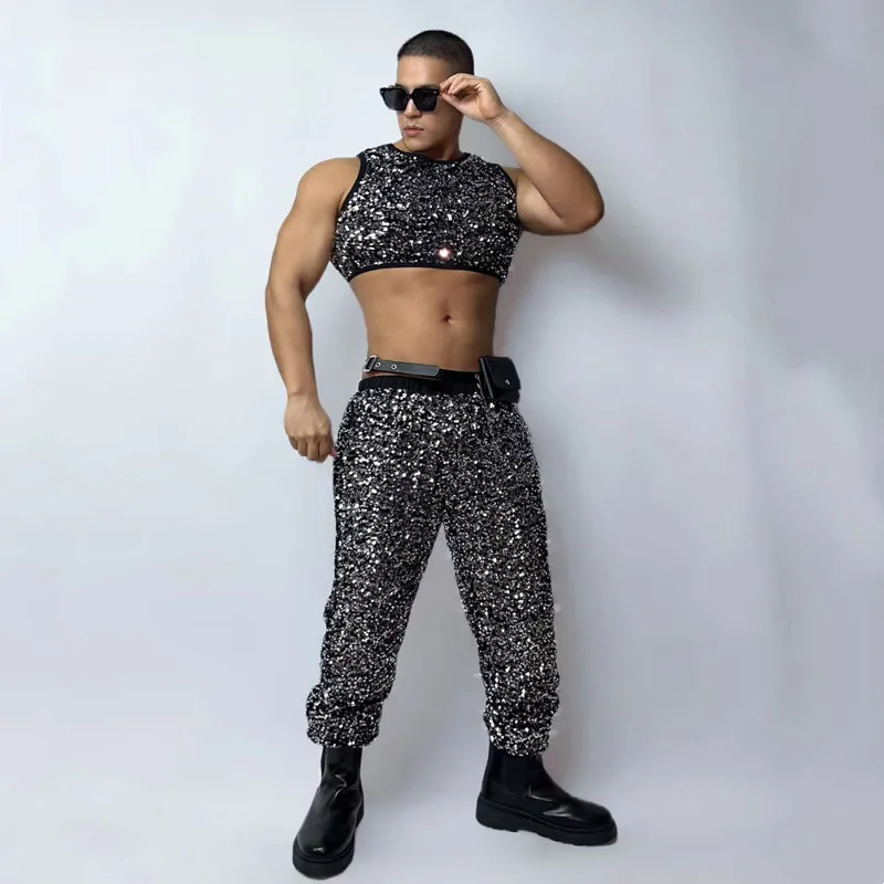 Mannelijke Zilver Zwart Pailletten Vest Broek Bar Nachtclub Gogo Dans Kostuum Set DJ Danser Sexy Carnaval Party Prestaties Outfit