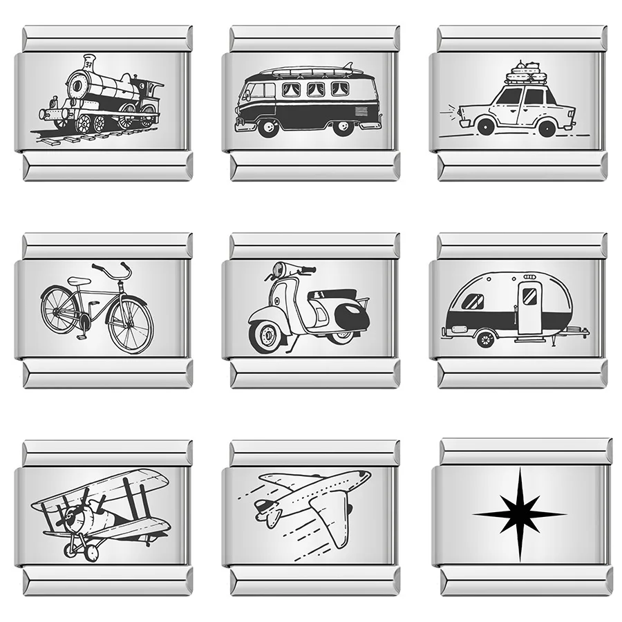 Gemosa 2025 New Top Travel Bicycle Car Aircraft train Charm Links Fit 9mm Bracelet Stainless Steel Jewelry DIY Making