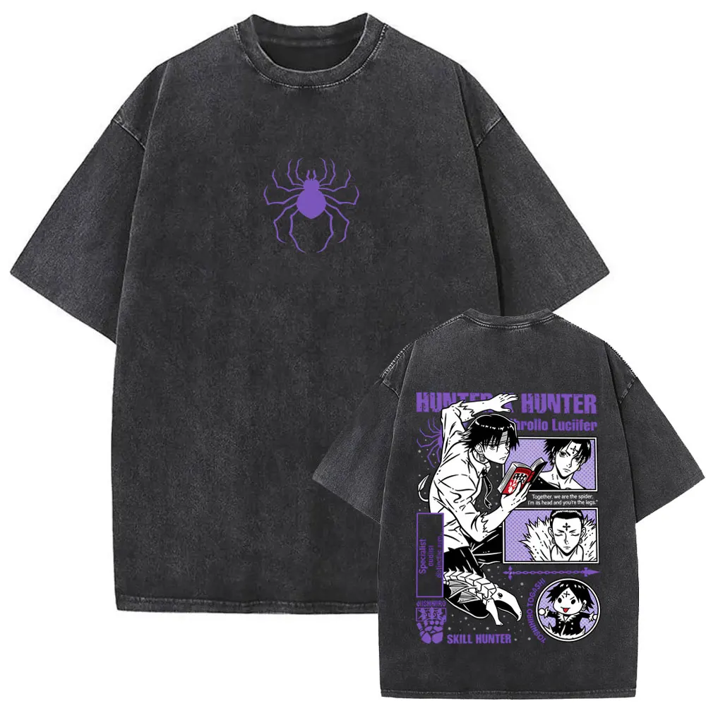 Gewaschenes Vintage Anime Hunter X Hunter Chrollo Lucilfer T-Shirt für Männer und Frauen Retro Manga Harajuku T-Shirts Übergroße Herren-T-Shirts