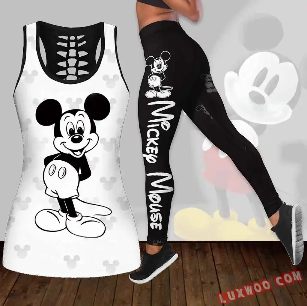 2024 Mickey Mouse Women\'s Hollow Tanktop Leggings Yoga Set Summer Fitness Leggings Tracksuit Disney Cutout Tank Top Leggings