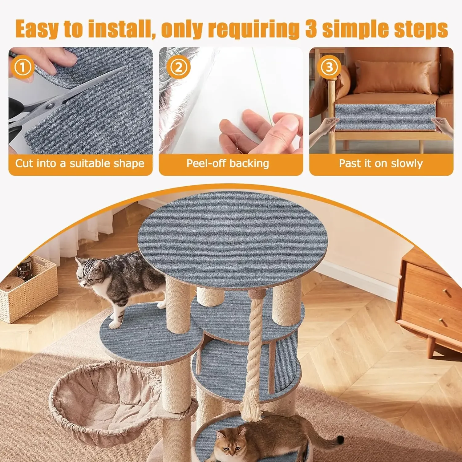 Self Adhesive Cat Scratch Carpet Trimmable Cat Scratching Mat DIY Furniture Protector for Sofa Wall Corner Cat Scratcher