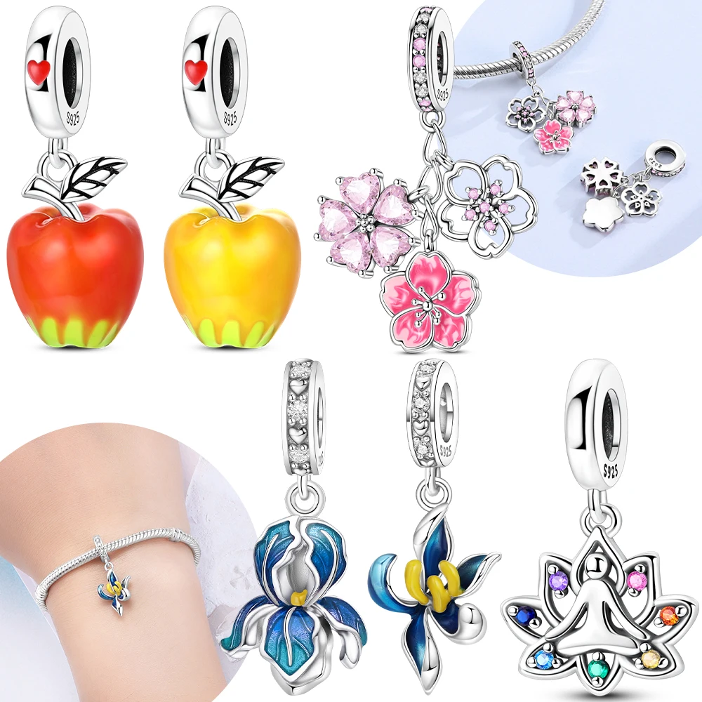 

Original Charms Silver Pink Cherry Blossom and Blue Orchid Pendant Beads Fit Bracelet Women Jewelry Delicate Acessory Diy Gift