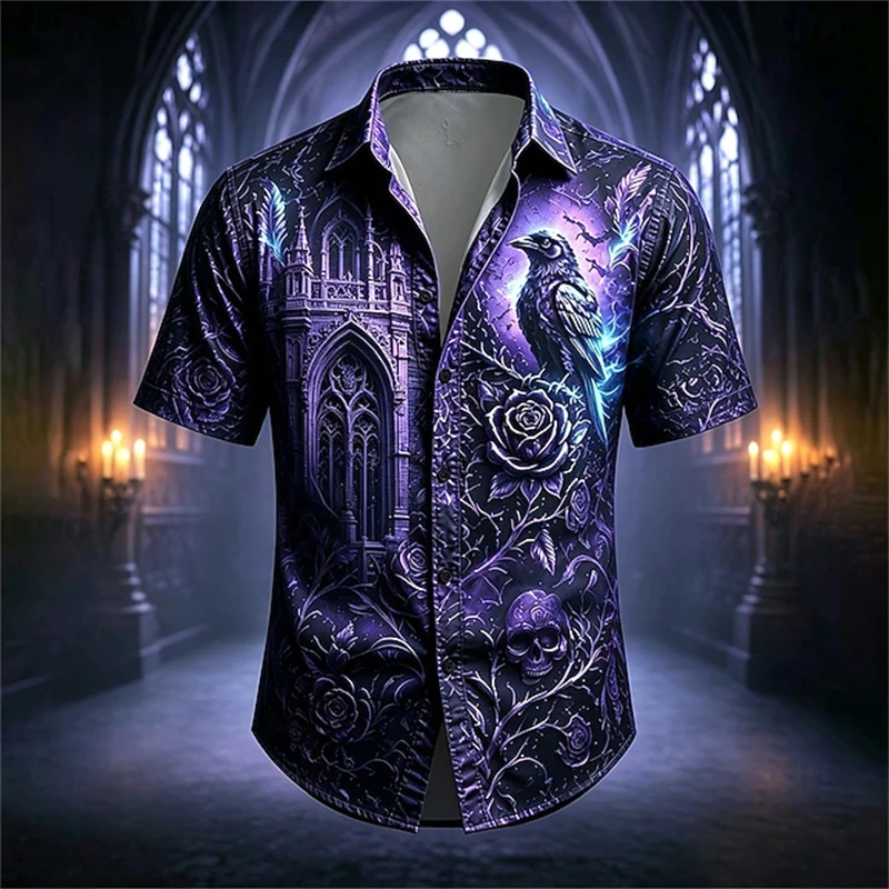 2026 New Men's Trendy Short-Sleeve Shirt Spooky Skull Castle Halloween Collared Short-Sleeve Shirt Party Button-Down Shirt