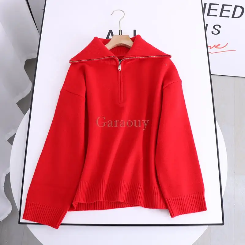 Garaouy 2022 New Women Clothing POLO Collar Zipper Casual Sweater Solid Color Large lapel Hem Rib Decoration Knitted Pullover