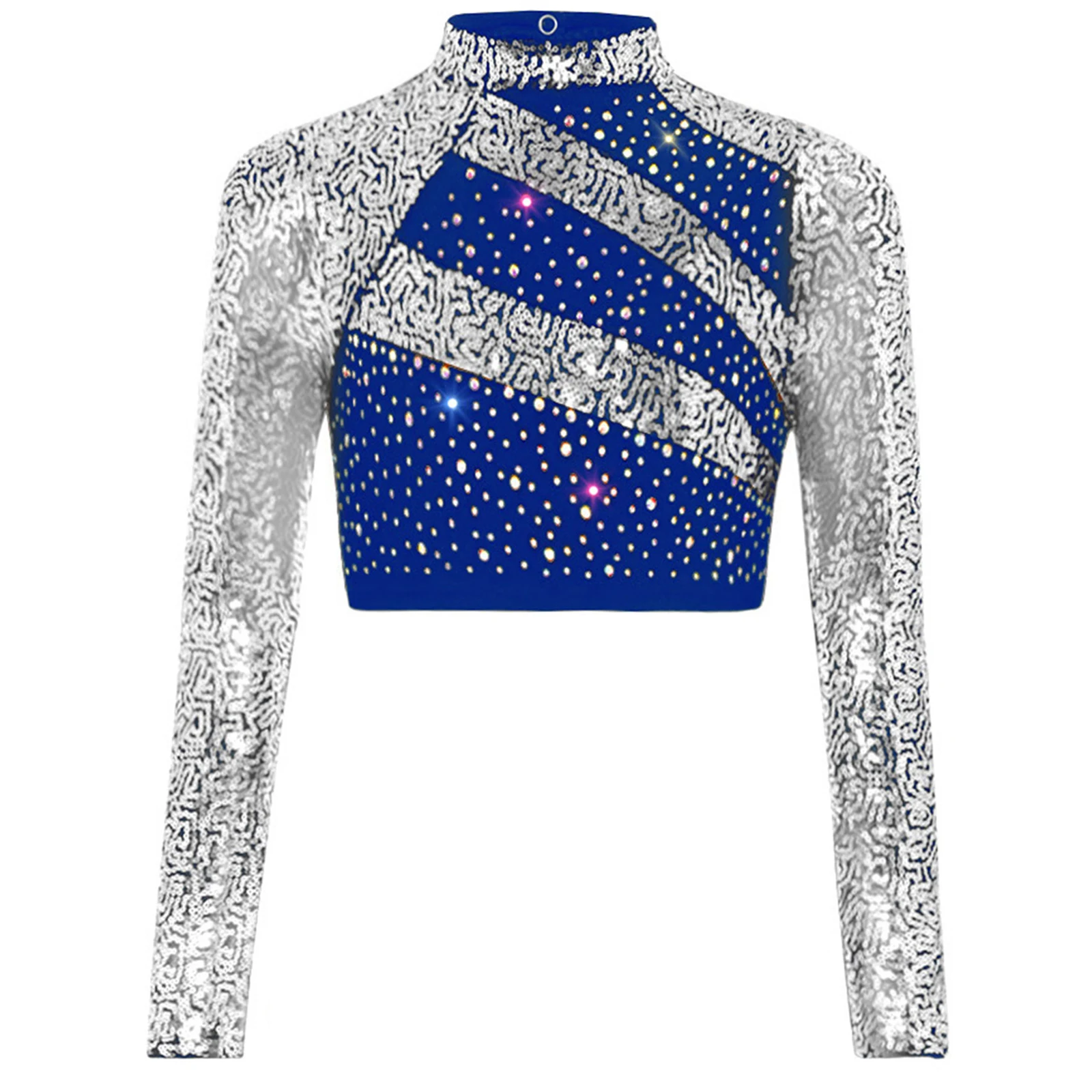 

Kids Girls Jazz Hip-hop Dance Cosume Mock Neck Long Sleeve Sequin Rhinestones Cutout Back Crop Top for rock stage competition