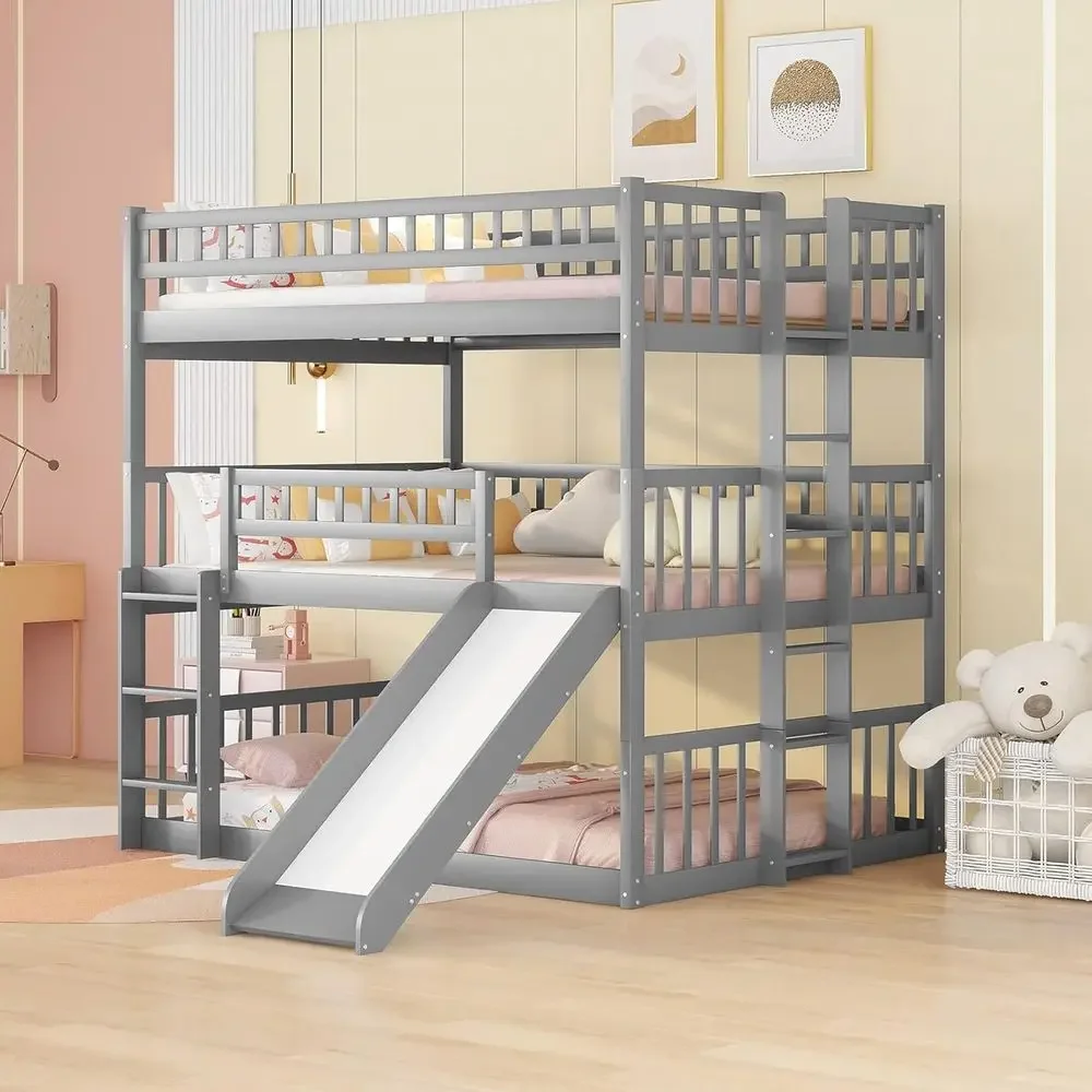 

Grey Wooden Triple Bunk Bed with Slide, Detachable into 3 Beds, 2 Ladders & Guardrails for Kids & Teens