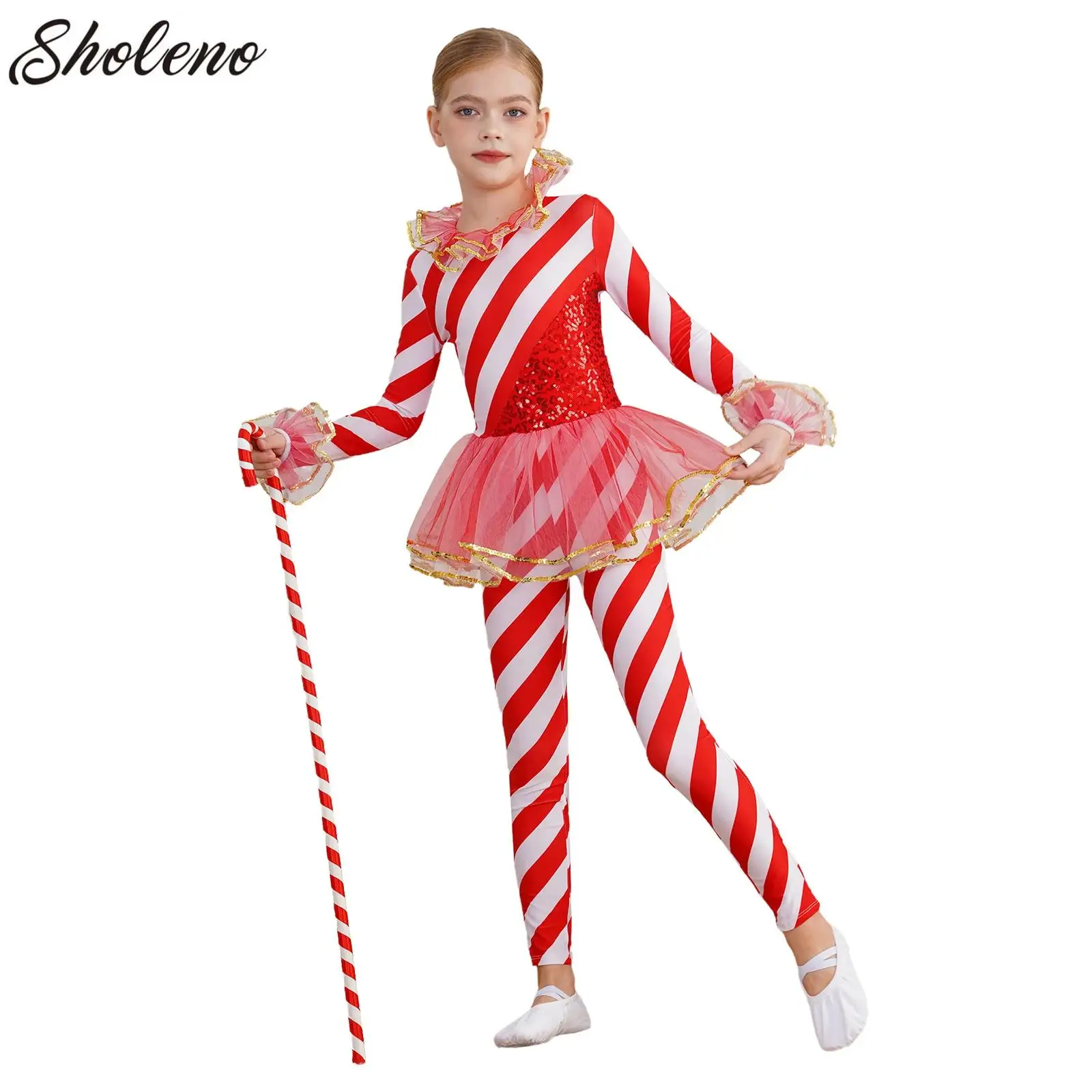 

Kids Girls Striped Jumpsuit Leotard Long Sleeve Sequin Mesh Xmas Dance Jumpsuit for Christmas Holiday Party Candy Cane Costume