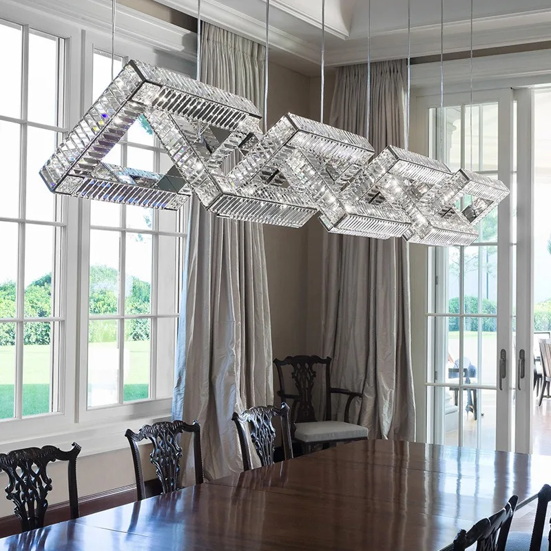 Light luxury modern villa empty living room dining room stairs crystal chandelier, hotel clubhouse front desk aisle engineering