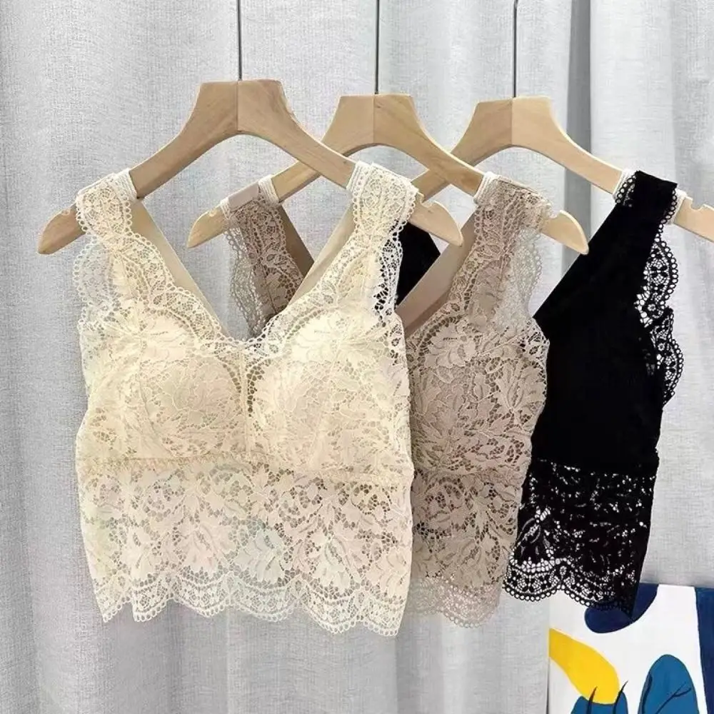 

Simple Mesh Thin Lace Deep V Camisole Transparent Sleeveless Suspender Vest Slim Fit Undershirt Camisole with Pads Women