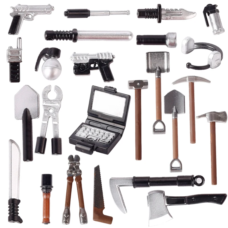 Military Scene Soldier Figures Weapons Assembly Spray Building Blocks Police Computers Farm Tools Hammer Oil Buckets Bricks Toys