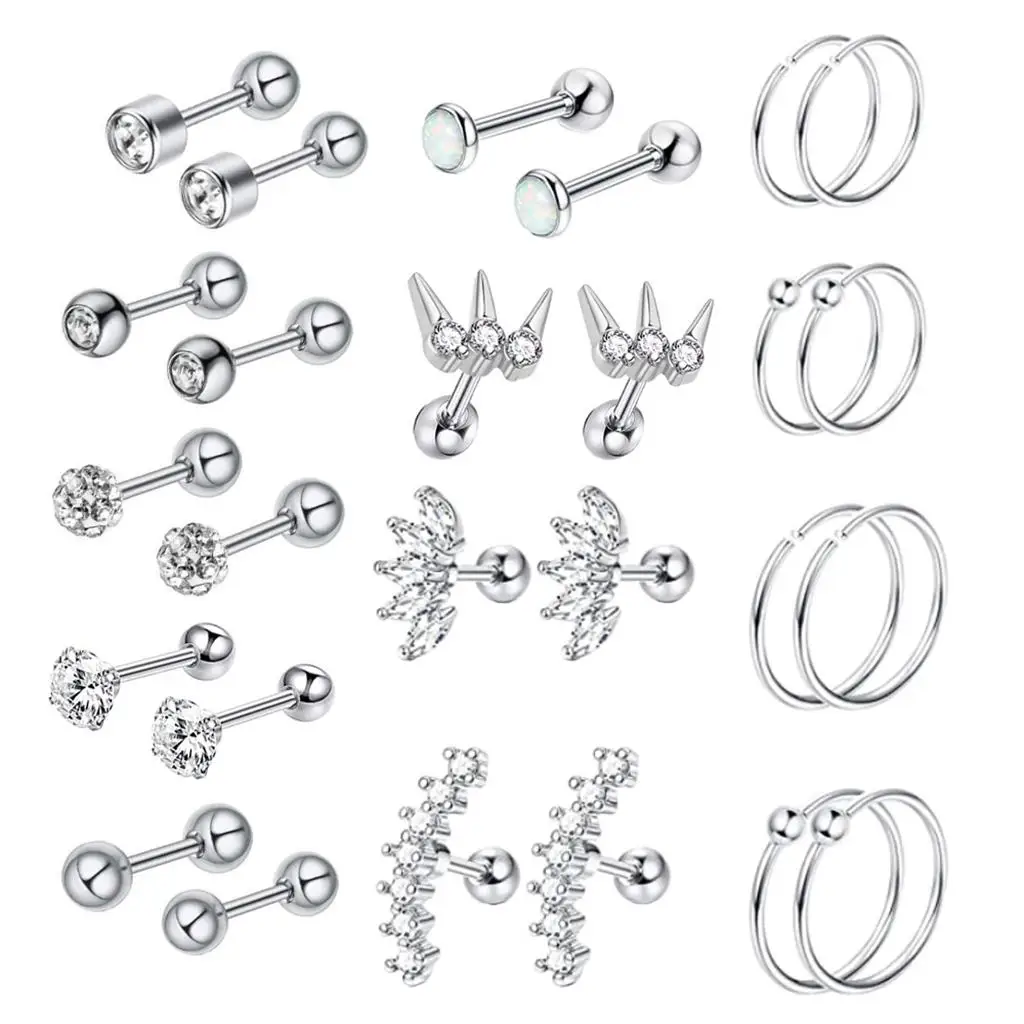 13 Pairs 16G Stud Earrings Round CZ 8mm 6mm Hypoallergenic Barbell for Girls