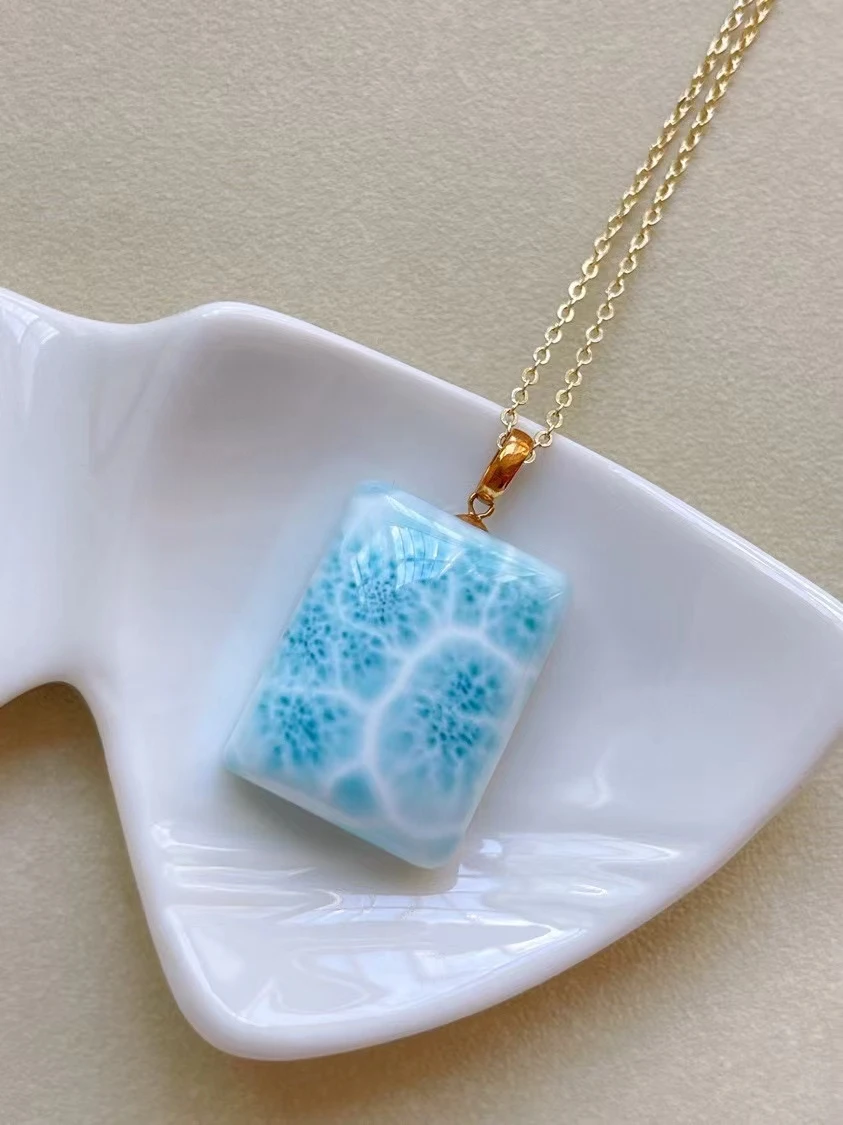 Natural Blue Larimar Rectangle Big Pendant Gemstone Necklace 24.5*18.6mm Women Men Larimar 18K Gold Fashion Jewelry AAAAAA