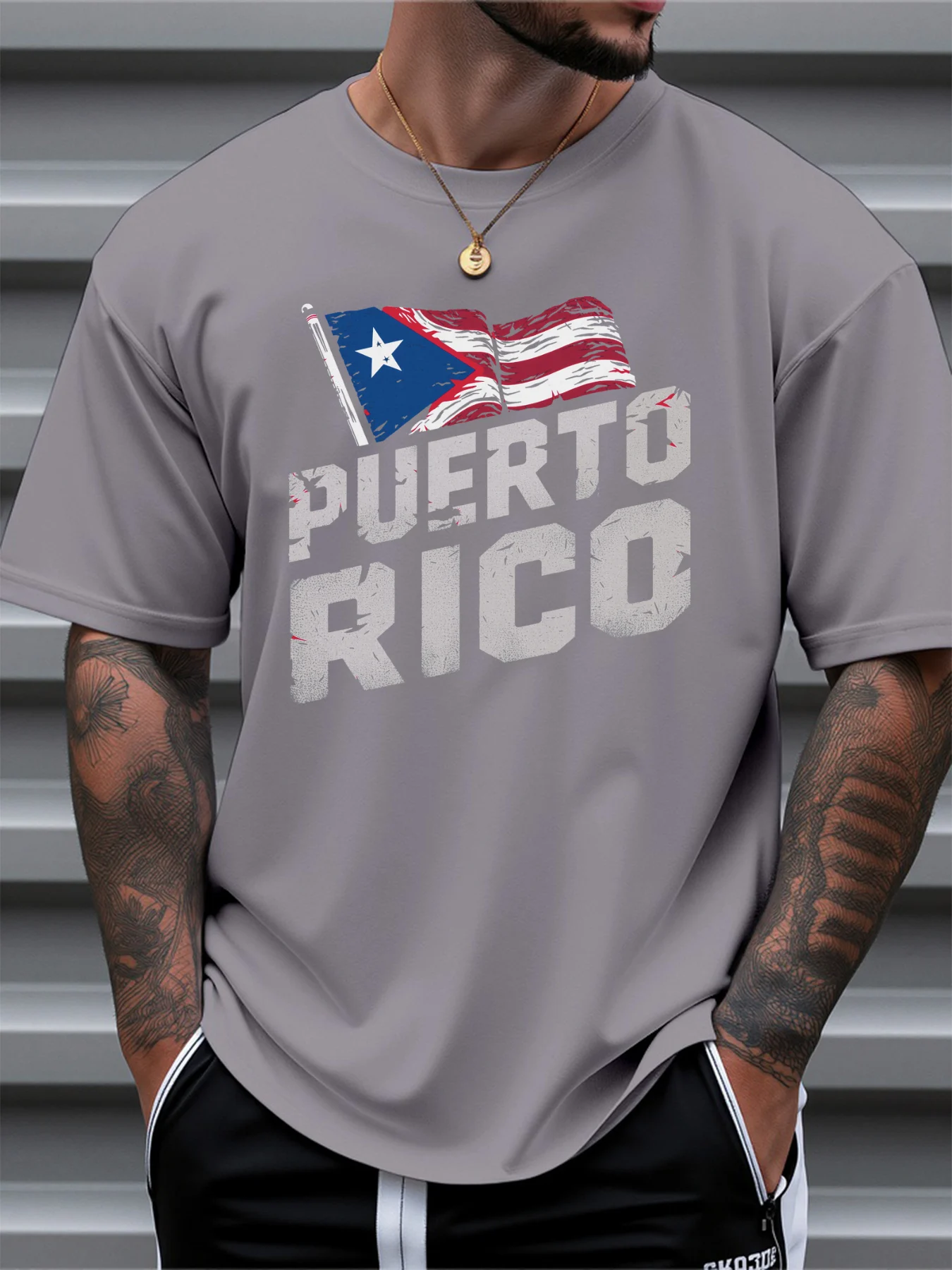 تي شيرت للرجل 100% قطن صيفي بورتوريكو مطبوع عليه علم كاجوال بقصة ضيقة ورقبة دائرية وأكمام قصيرة تي شيرت علوي #4