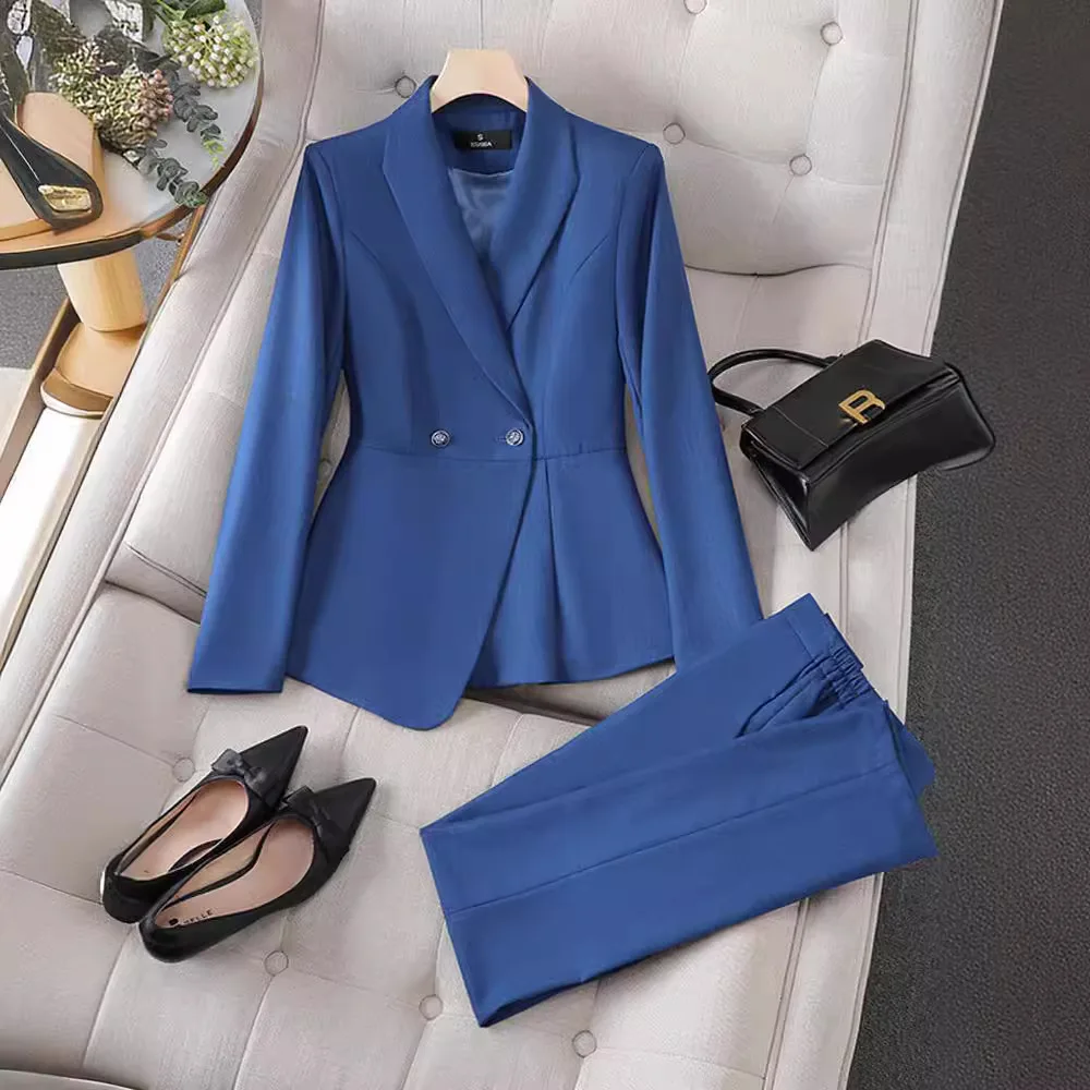 Formal Blue Women Suit Pants Set 2 Piece Blazer+Trousers V Neck Full Sleeves Office Lady Work Jacket Coat Cotton Prom Dress