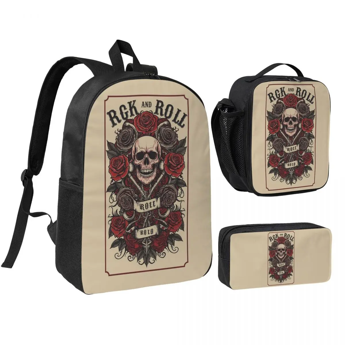 

Crazy Rock Skull Rose Backpack Student BookBag School Bag Shoulder Bags 3ps Insulated Lunch Bag Pencil Case